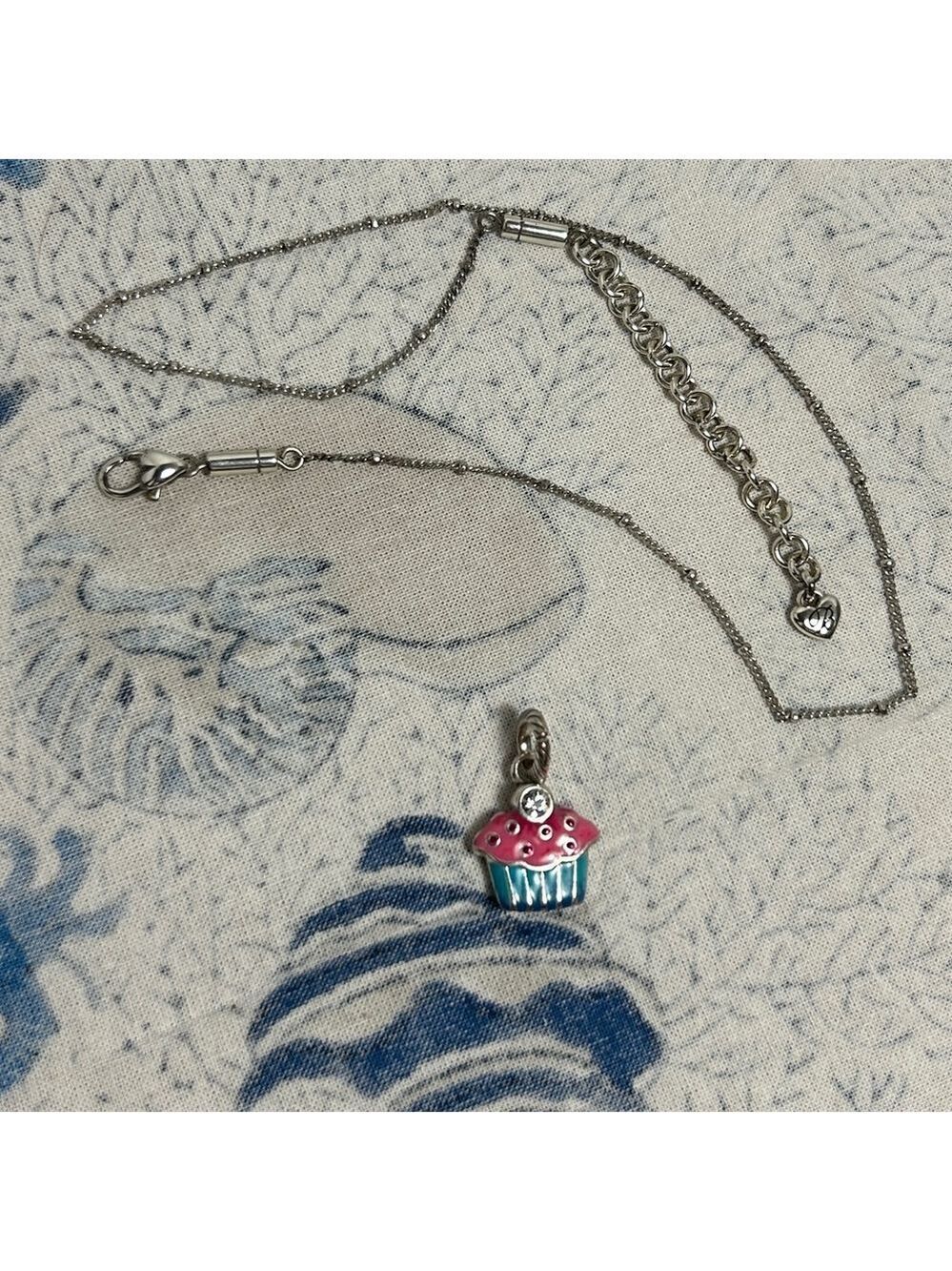 Brighton Petite Chain Necklace & Cupcake Charm Crystal Silver Plated Chain 18” - Picture 12 of 13